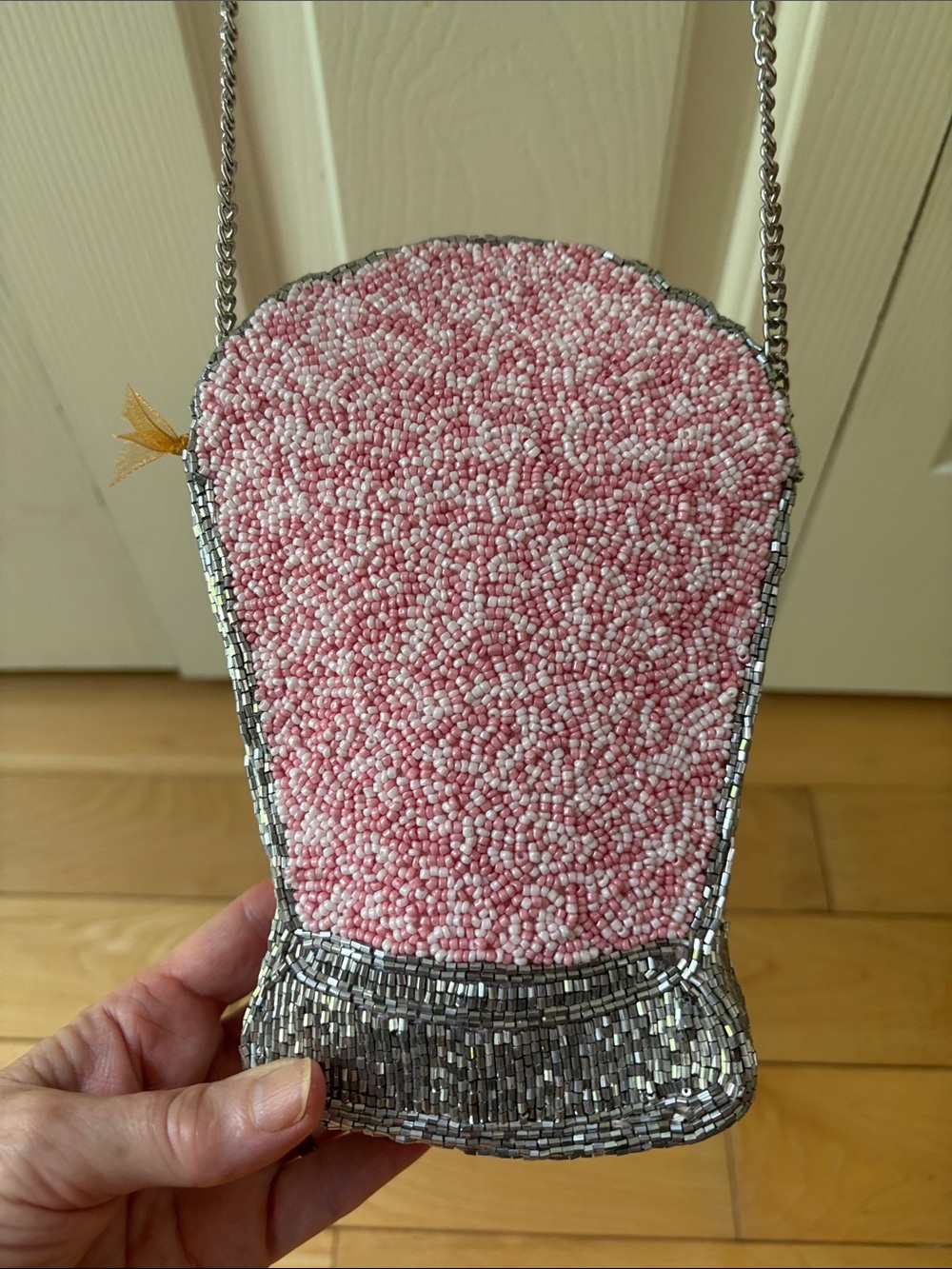 Made in India Beaded Pink and Silver Strawberry Milkshake Crossbody Bag - Picture 3 of 12